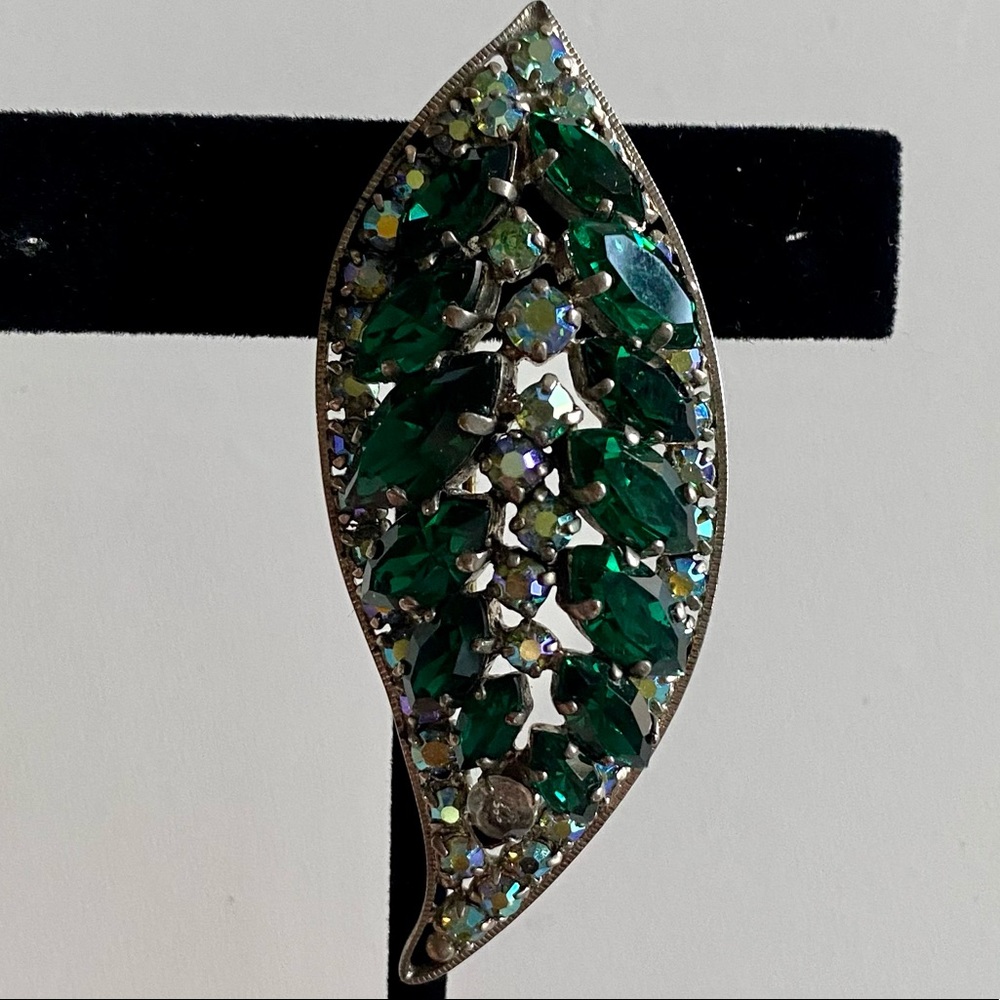 Vintage Rhinestone Leaf Brooch Pin